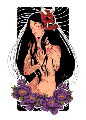 Oni Nude Geisha: A Tattooed Beauty with a Mask - Premium Wooden Framed Poster. Ready to Hang.