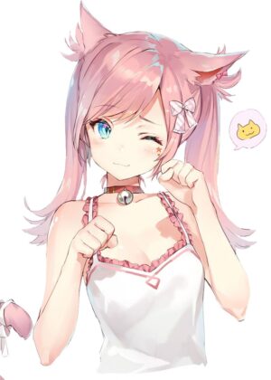 Adorable Cat Girl Wink Anime Art Print - Premium Wooden Framed Poster. Ready to Hang.