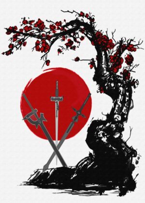 Sword Art Online: Japanese Cherry Blossom and Swords Artwork Print - Premium Wooden Framed Poster. Ready to Hang.