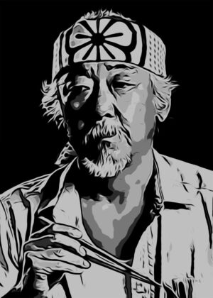 Miyagi: A Masterful Black and White Portrait - Premium Wooden Framed Poster. Ready to Hang.