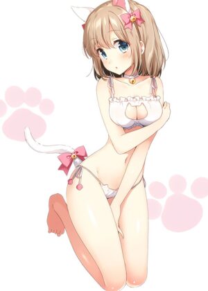 Adorable Anime Girl in Cat-Themed Lingerie - Premium Wooden Framed Poster. Ready to Hang.