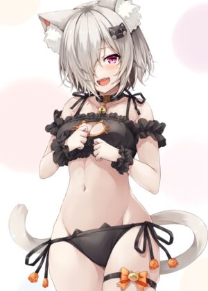 Silver Neko Cat Girl: Anime Art Print - Premium Wooden Framed Poster. Ready to Hang.