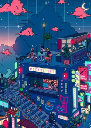 Neon Village: Anime-Inspired Cityscape Art Print - Premium Wooden Framed Poster. Ready to Hang.