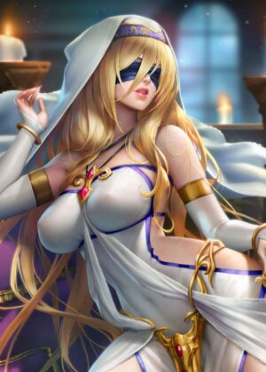 Blindfolded Maiden in Elegant Attire - Premium Wooden Framed Poster. Ready to Hang.