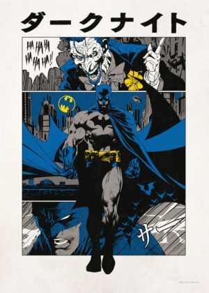 Dark Knight Manga-Style Artwork: Batman vs. Joker - Premium Wooden Framed Poster. Ready to Hang.