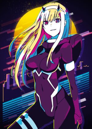 Zero Two: 80s Retro Anime Art Print - Premium Wooden Framed Poster. Ready to Hang.