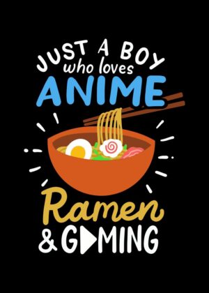 Anime, Ramen, and Gaming Boy Design - Premium Wooden Framed Poster. Ready to Hang.