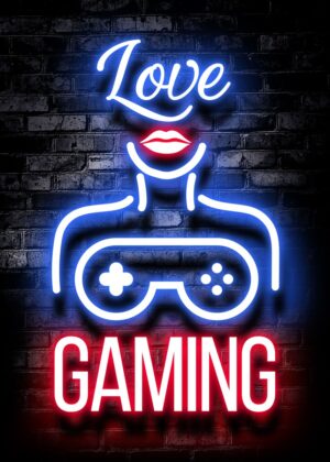 Love Gaming Neon Sign Art Print - Premium Wooden Framed Poster. Ready to Hang.
