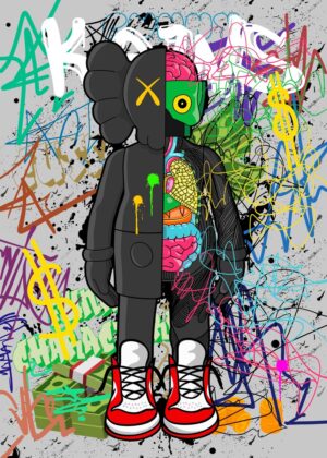 Graffiti Kaws: Urban Art Fusion - Premium Wooden Framed Poster. Ready to Hang.