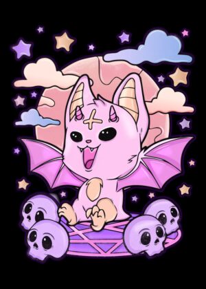Creepy Kawaii Chibi Bat Illustration - Premium Wooden Framed Poster. Ready to Hang.