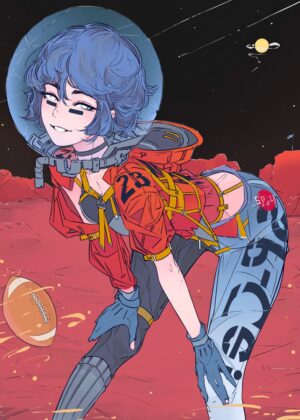 Space Girl Plays Ball on Mars - Premium Wooden Framed Poster. Ready to Hang.