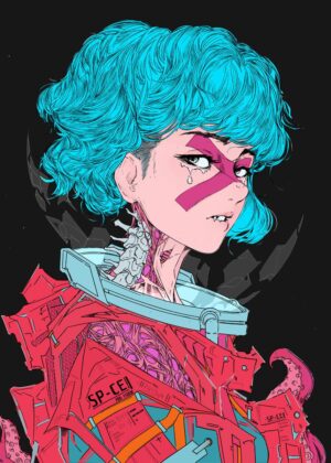 Cyberpunk Girl with Teal Hair and Mechanical Suit - Premium Wooden Framed Poster. Ready to Hang.