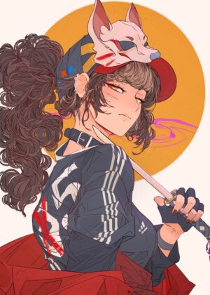 Anime Girl with Wakizashi: Fierce and Stylish Art Print - Premium Wooden Framed Poster. Ready to Hang.