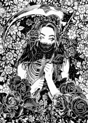 Gothic Manga Reaper: Dark Floral Embrace - Premium Wooden Framed Poster. Ready to Hang.