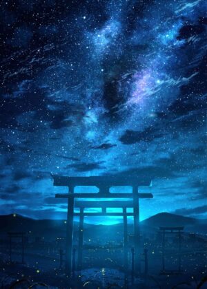 Your Name: Starry Night Torii Gate Anime Art Print - Premium Wooden Framed Poster. Ready to Hang.