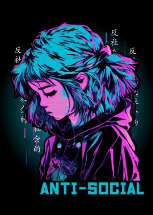 Anti-Social: Sad Anime Girl Art Print - Premium Wooden Framed Poster. Ready to Hang.