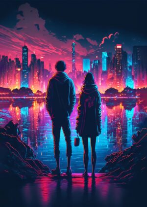 Cyberpunk Cityscape Romance: Couple Silhouette Against Neon Lights - Premium Wooden Framed Poster. Ready to Hang.