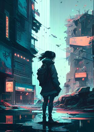 Cyberpunk Anime Girl in a Futuristic Cityscape - Premium Wooden Framed Poster. Ready to Hang.
