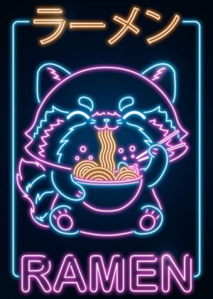 Retro Ramen Red Panda Neon Art - Premium Wooden Framed Poster. Ready to Hang.
