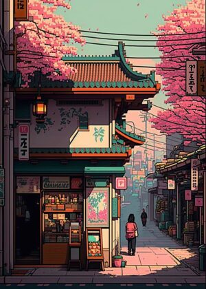 Japan Pixel Art 02: A Tranquil Stroll Through Sakura Season - Premium Wooden Framed Poster. Ready to Hang.