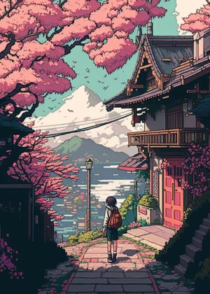Japan Pixel Art 03: Tranquil Cherry Blossom Scene - Premium Wooden Framed Poster. Ready to Hang.