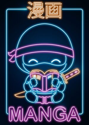 Retro Manga Ninja Neon Art - Premium Wooden Framed Poster. Ready to Hang.