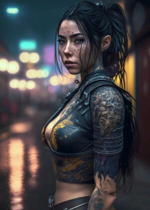Cyberpunk Assassin Girl: A Digital Painting - Premium Wooden Framed Poster. Ready to Hang.
