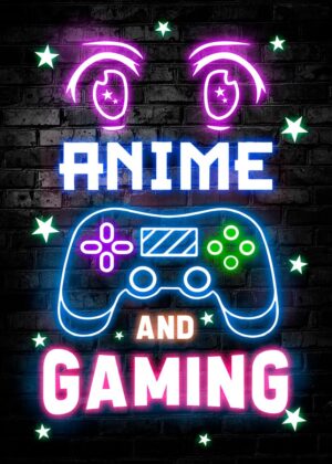 Neon Anime and Gaming Art - Premium Wooden Framed Poster. Ready to Hang.