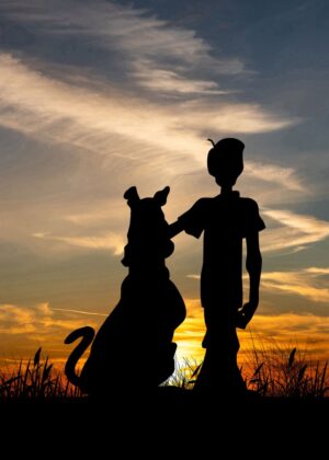 Sunset Silhouettes: Boy and Dog - Premium Wooden Framed Poster. Ready to Hang.