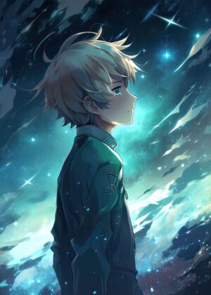 Anime Boy Dreaming Under the Stars - Premium Wooden Framed Poster. Ready to Hang.