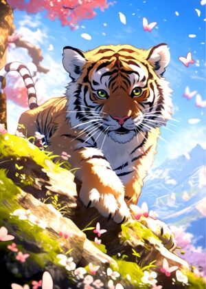 Adorable Tiger in a Blossoming Meadow - Premium Wooden Framed Poster. Ready to Hang.