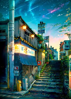 Warm Summer Evenings: A Japanese Street Scene - Premium Wooden Framed Poster. Ready to Hang.