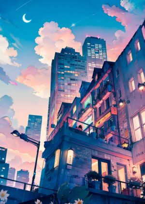 Early Evening in Lofi City: Anime-Style Urban Landscape Art Print - Premium Wooden Framed Poster. Ready to Hang.