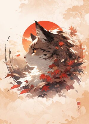 Autumnal Cat Profile Art Print - Premium Wooden Framed Poster. Ready to Hang.