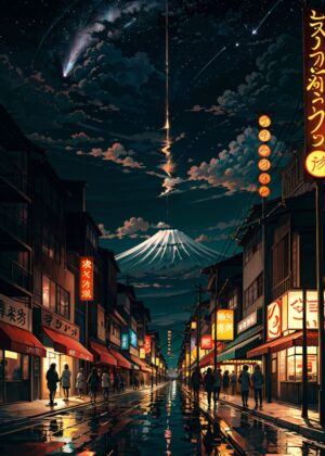 Night in Japan: Fuji Mountain Cityscape - Premium Wooden Framed Poster. Ready to Hang.