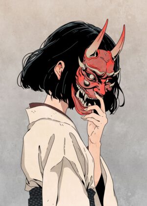 Anime Oni Mask Girl Art Print - Premium Wooden Framed Poster. Ready to Hang.