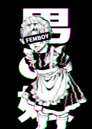 Retro Anime Femboy Glitch Art Print - Premium Wooden Framed Poster. Ready to Hang.