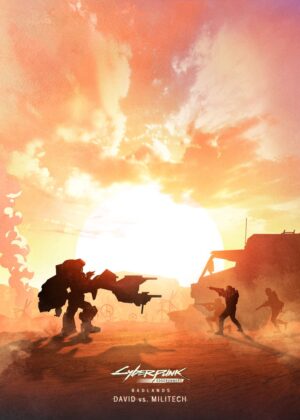 Cyberpunk Edgerunners: David vs. Militech - Badlands Sunset Artwork - Premium Wooden Framed Poster. Ready to Hang.