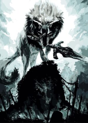 Dark Wolf Kitsune: A Mystical Creature of Shadow and Light - Premium Wooden Framed Poster. Ready to Hang.
