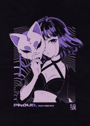 Anime Girl with Kitsune Mask: Proud, Maybe So - Premium Wooden Framed Poster. Ready to Hang.