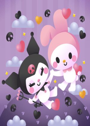 Sweet Kuromi and My Melody Kawaii Illustration - Premium Wooden Framed Poster. Ready to Hang.