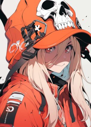 Anime Girl in Orange Hoodie with Skull Cap - Premium Wooden Framed Poster. Ready to Hang.