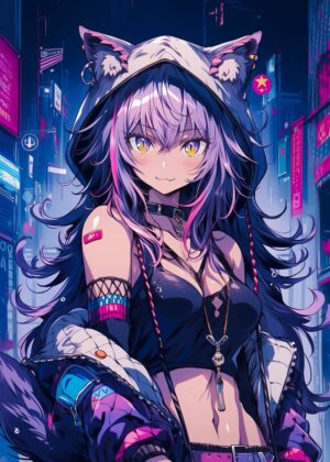 Cyberpunk Anime Girl Art Print - Premium Wooden Framed Poster. Ready to Hang.