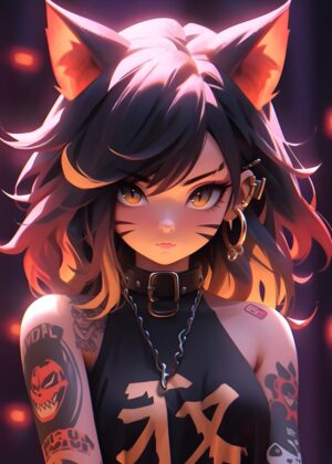 Dark Anime Cat Girl Art Print - Premium Wooden Framed Poster. Ready to Hang.
