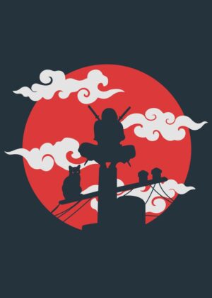 Ninja and Cat Silhouette: Japanese Art Print - Premium Wooden Framed Poster. Ready to Hang.