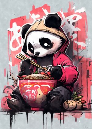 Streetwear Panda Enjoying Ramen - Urban Art Print - Premium Wooden Framed Poster. Ready to Hang.