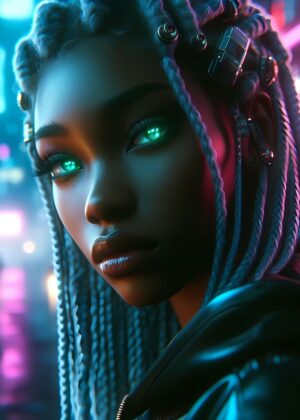 Cyberpunk Girl: Futuristic Beauty in Neon Lights - Premium Wooden Framed Poster. Ready to Hang.