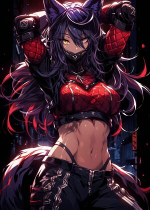 Fierce Anime Girl with Fox Ears - Premium Wooden Framed Poster. Ready to Hang.