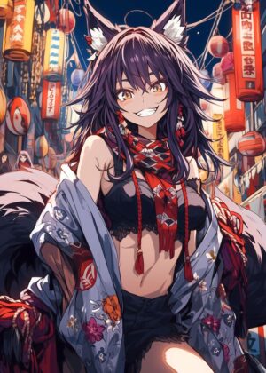 Anime Girl in Traditional Japanese Setting - Premium Wooden Framed Poster. Ready to Hang.