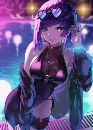 Stunning Anime Girl by the Pool - Premium Wooden Framed Poster. Ready to Hang.